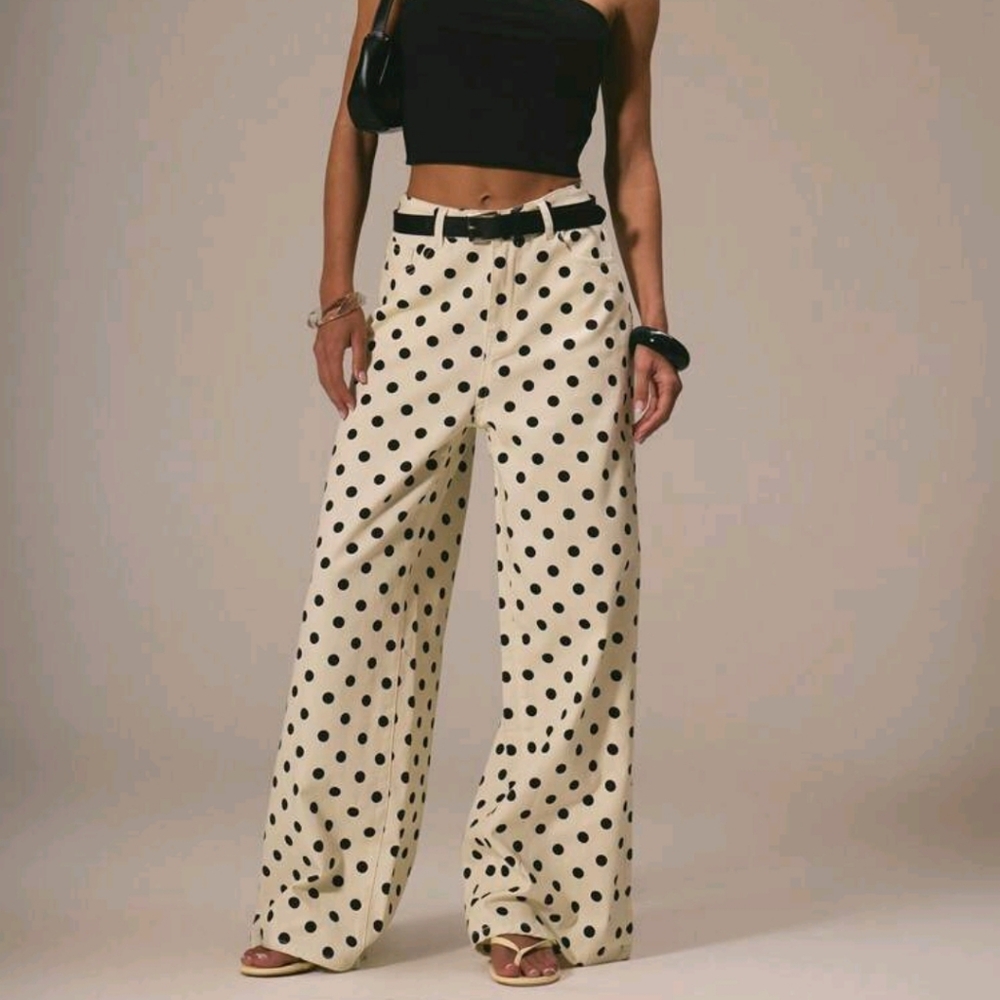 Cute Polka Dot Spring Summer Dainty Denim Straight Leg Mid Rise Jeans